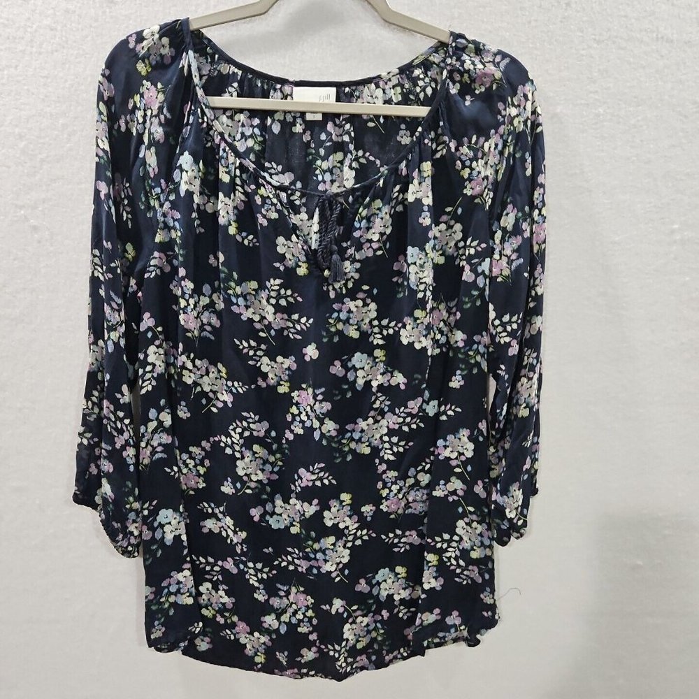 J Jill Womens Small Shirt Navy Blue Purple Floral Semi Sheer 3/4 Sleeve
